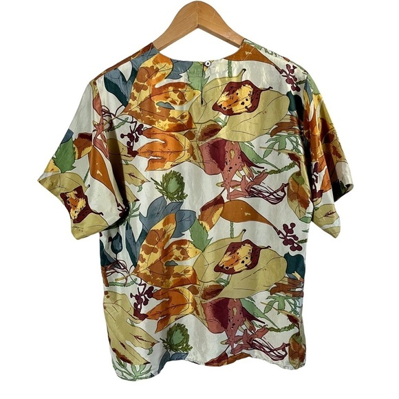 VINTAGE OSCAR DE LA RENTA Silk Fall Harvest Leaf Allover Print Short Sleeve Top - Picture 3 of 11
